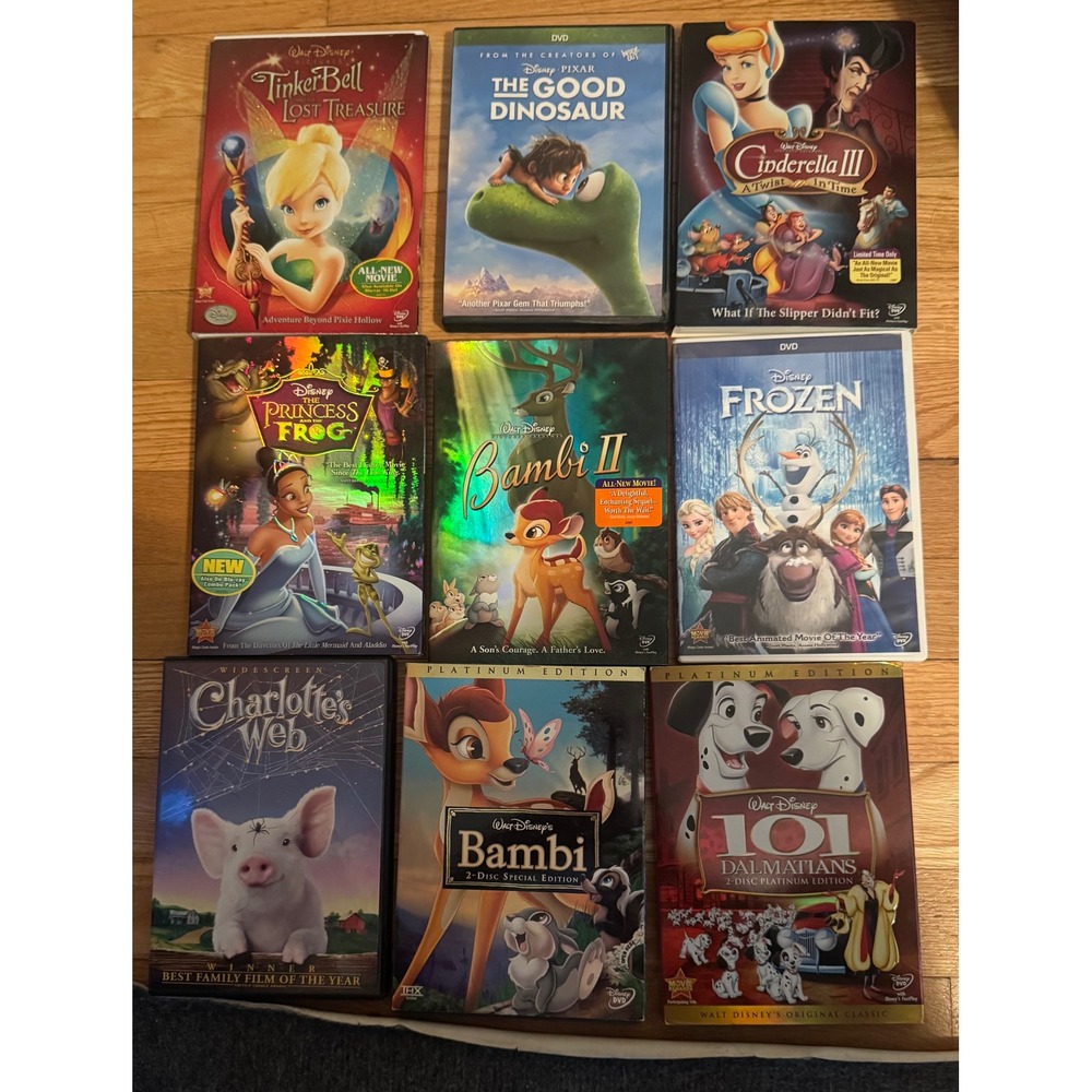 Disney Family Movie DVD Lot 9 Frozen Bambi 101 Dalmatians Princess and the Frog